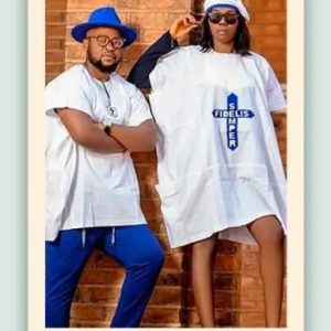 Modern White Boubou (Ladies), Trad White Top (Men) with Blue Plain Pants*